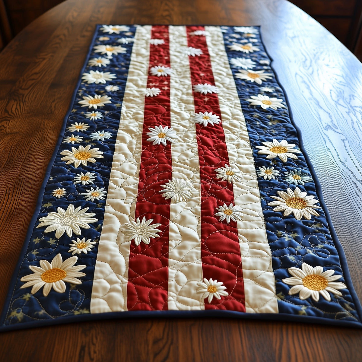White Daisies Along Flag Stripes Table Runner