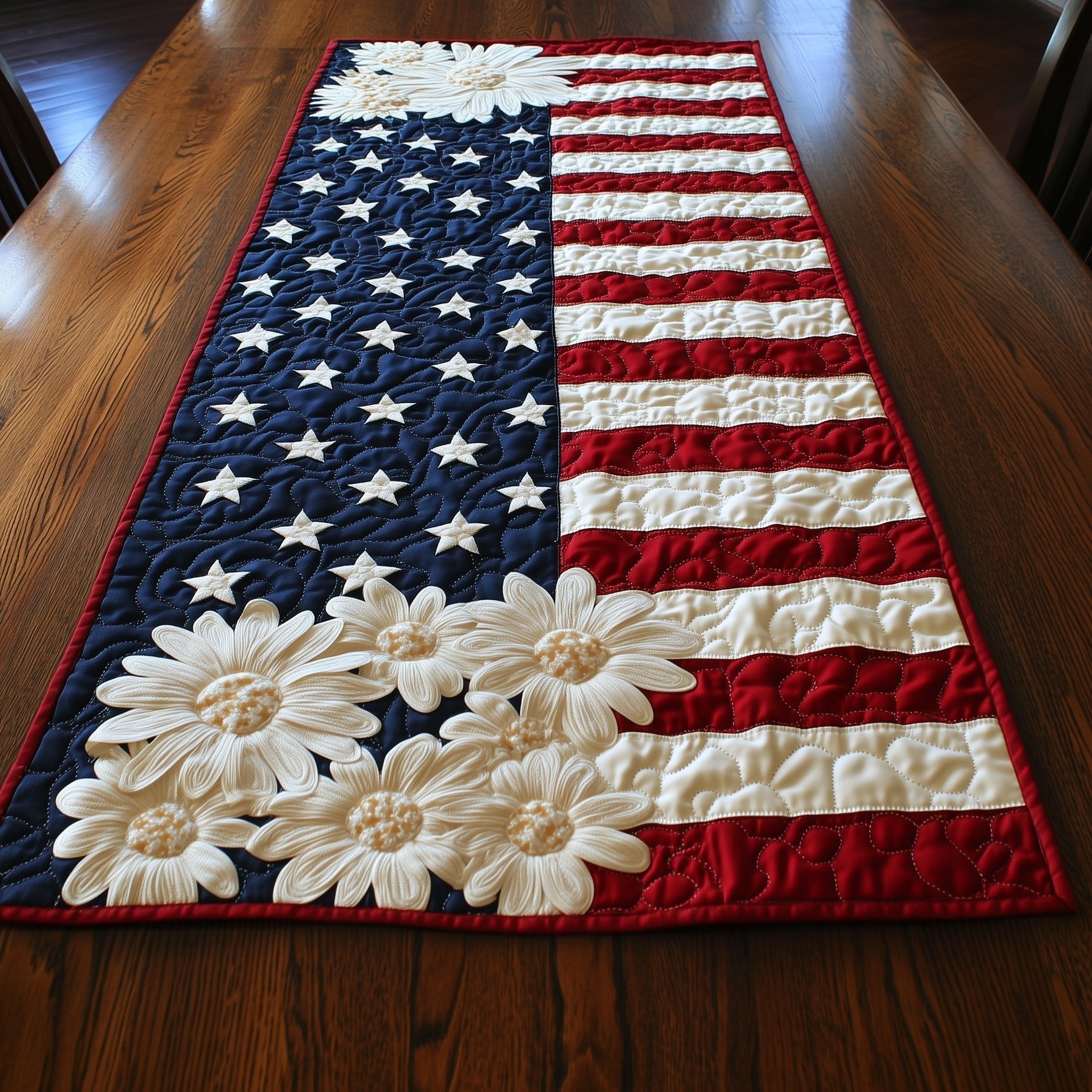 White Daisies Below Flag Stripes Table Runner