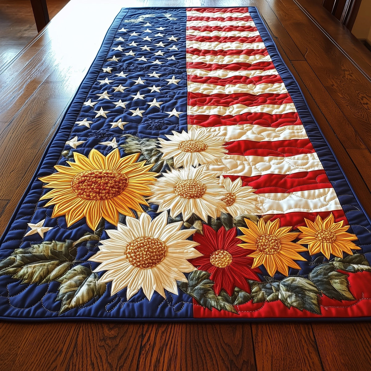Sunflowers and Red Blooms on Flag Table Runner