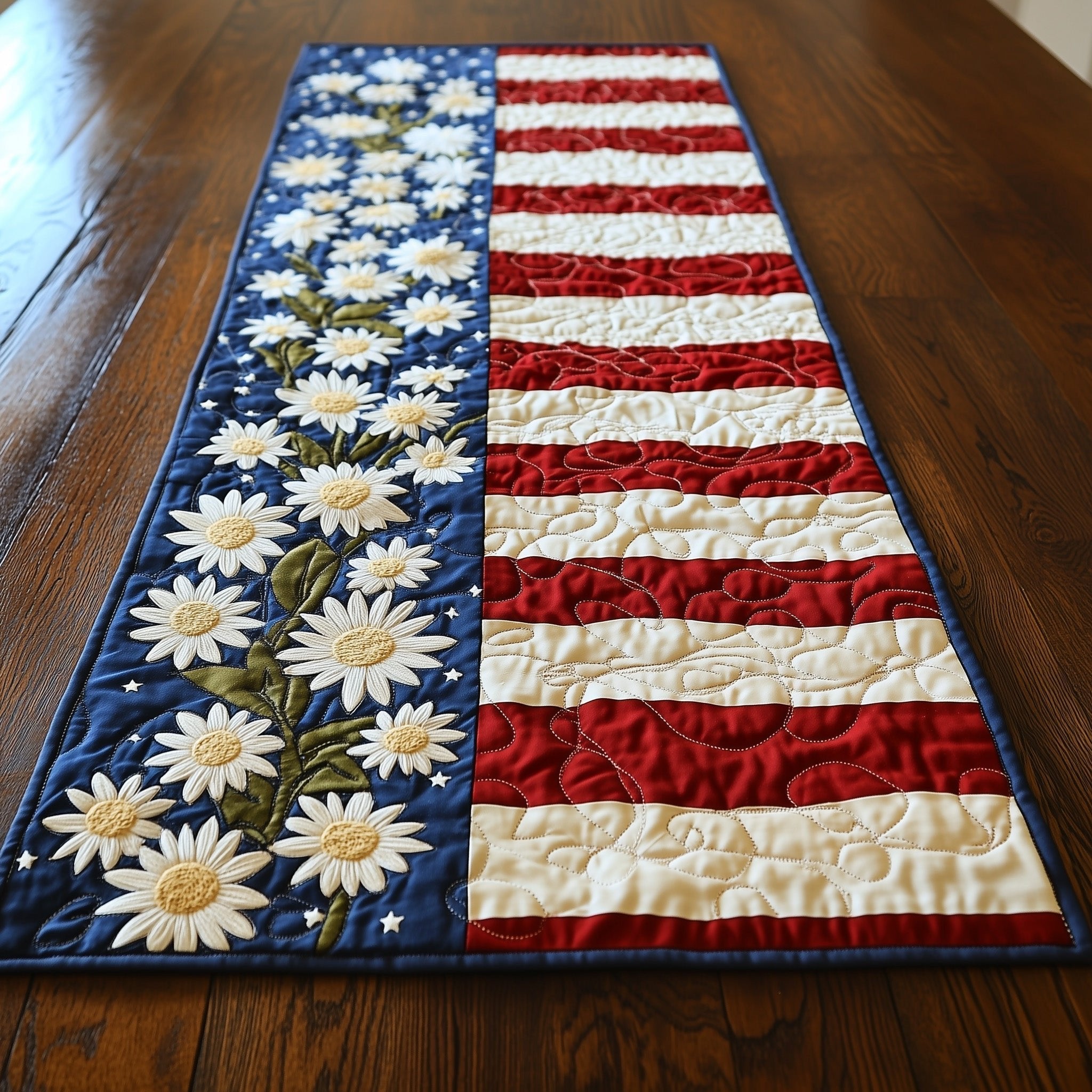 Daisy Stems on Blue Flag Panel Table Runner