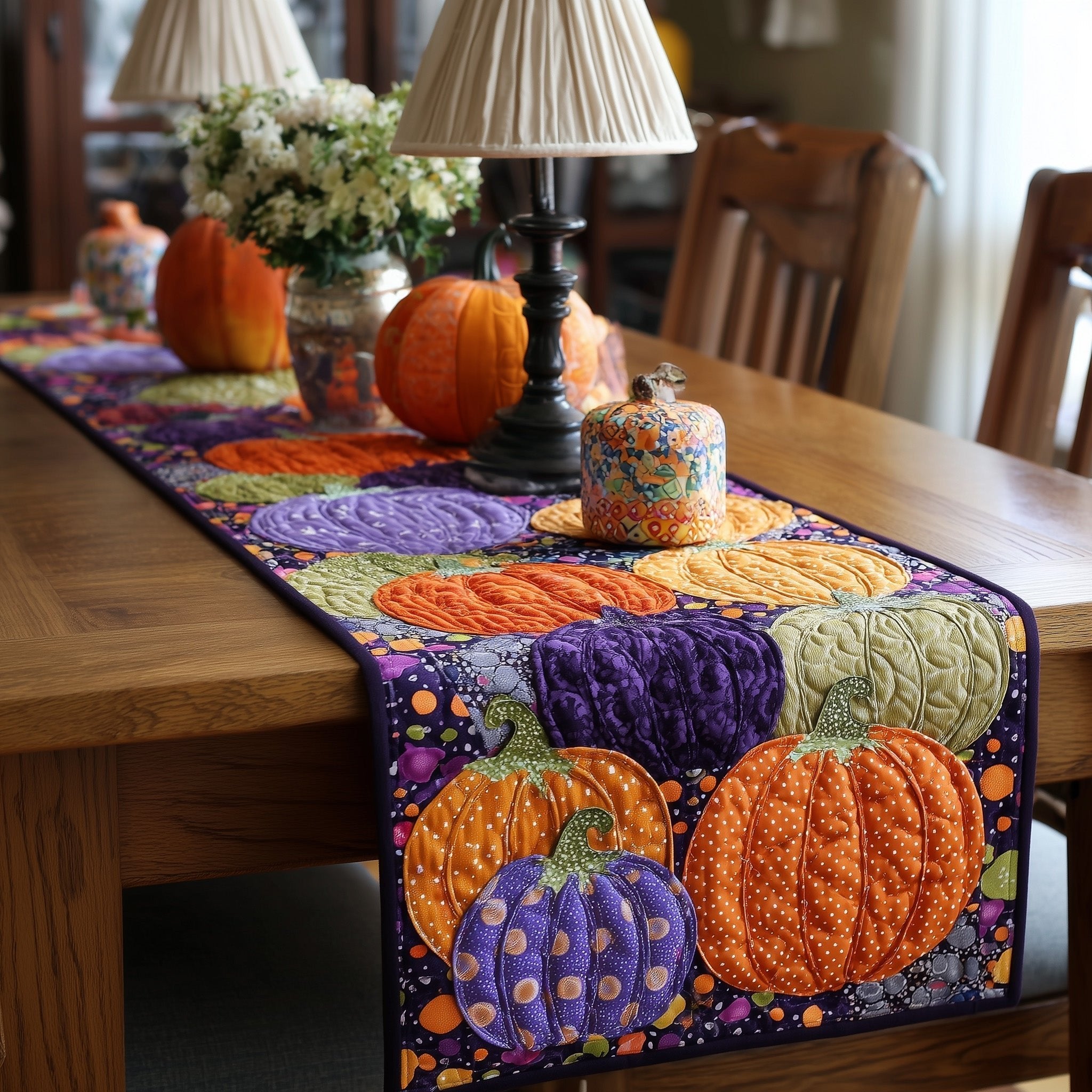 Orange and Purple Pumpkins Table Runner