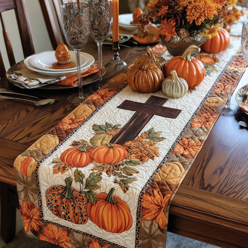 Dark Cross Above a Pumpkin Pile Table Runner