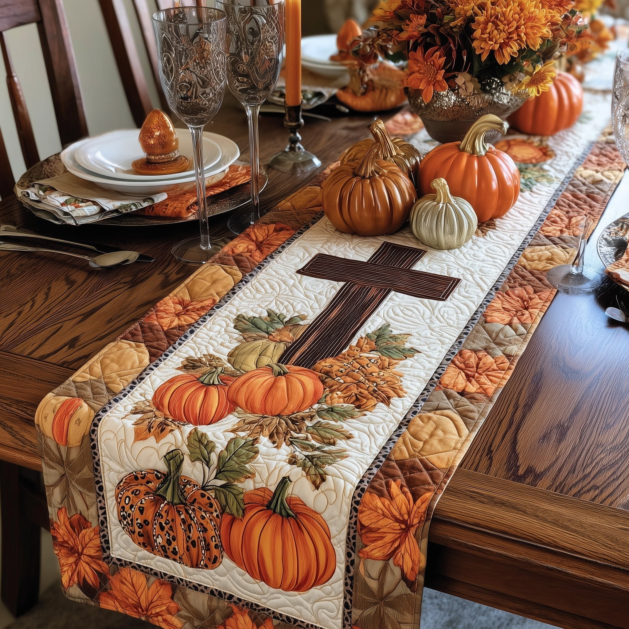 Dark Cross Above a Pumpkin Pile Table Runner