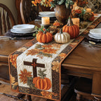 Cross with Autumn Leaves and Pumpkin Table Runner