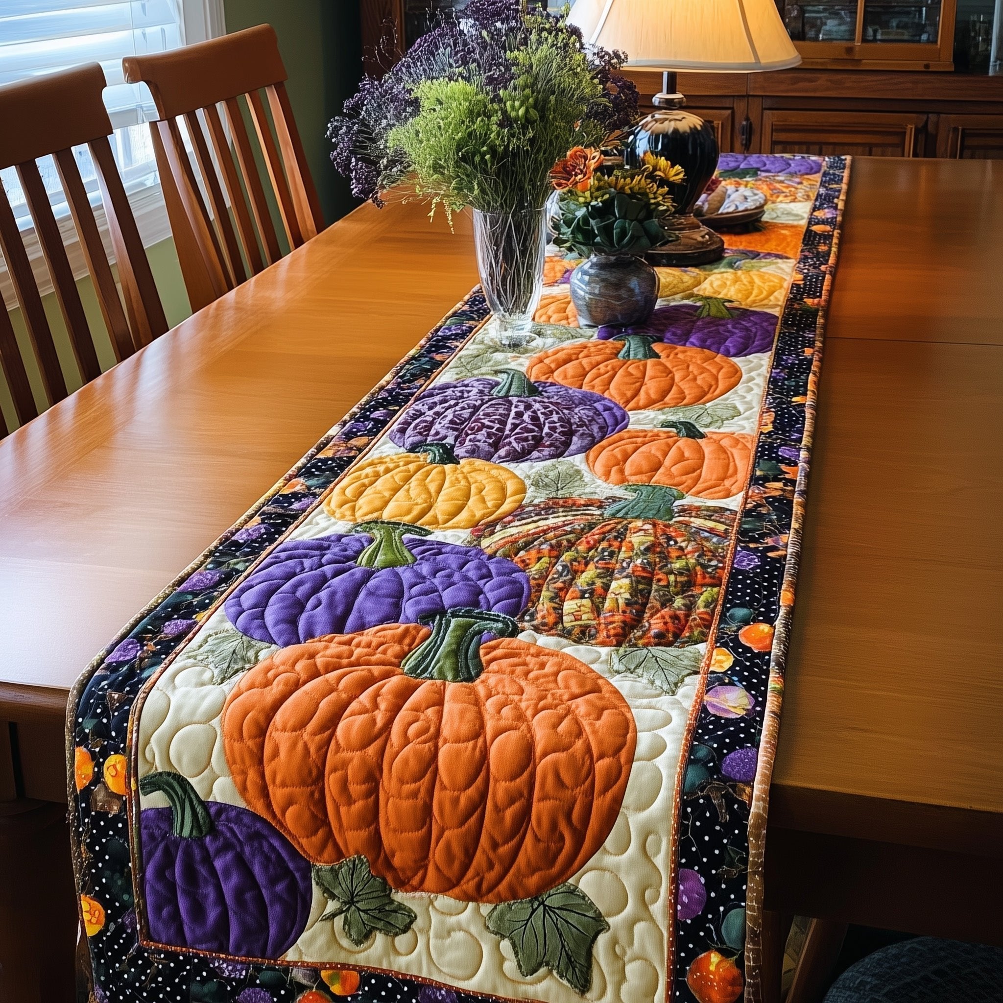 Purple and Orange Pumpkins on Black Table Runner