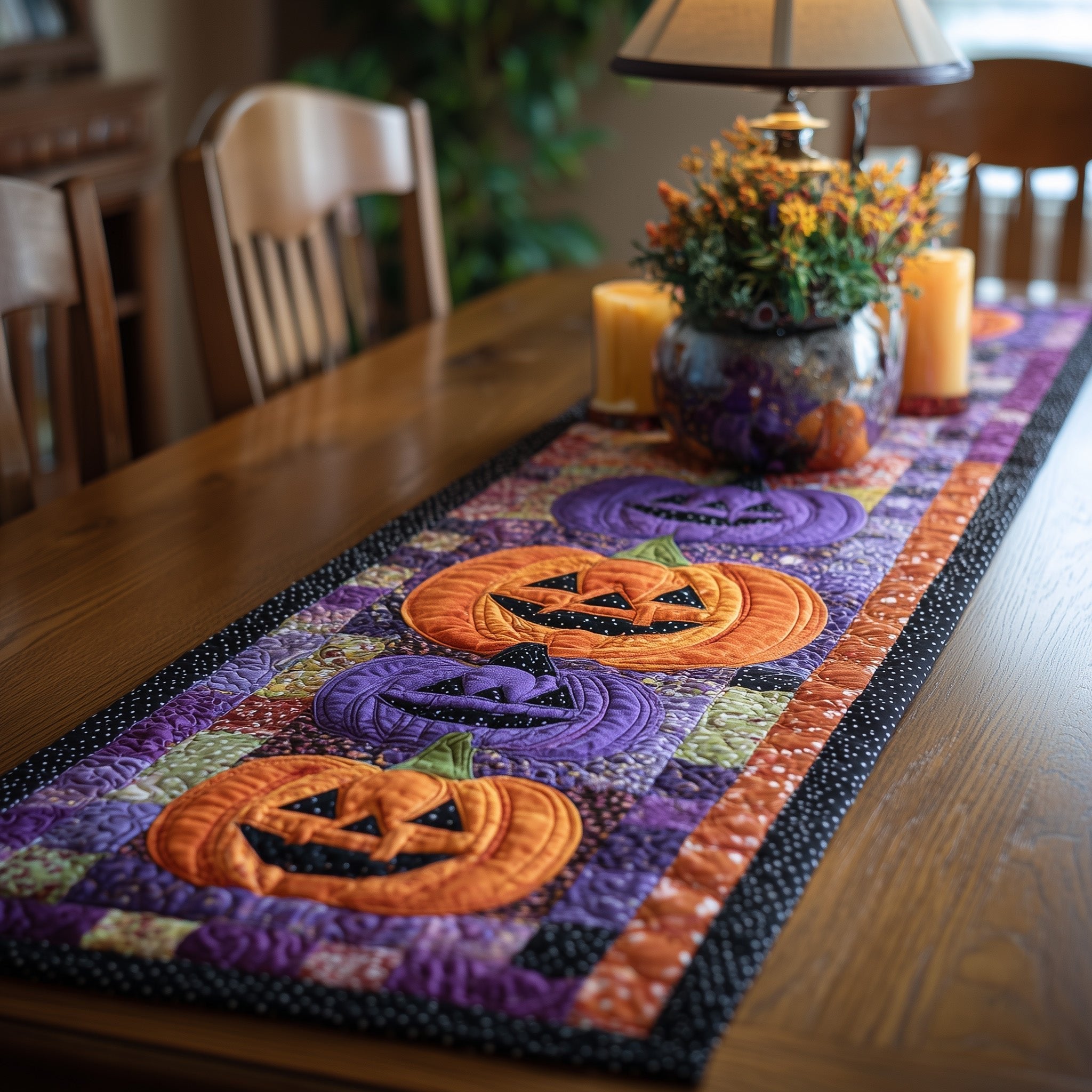 Jack o Lanterns and Purple Pumpkins Table Runner