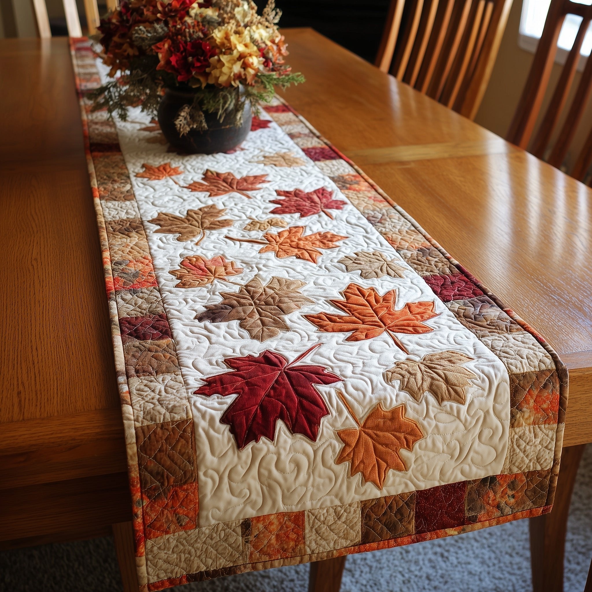 Autumn Leaves on Cream with Rust Border Table Runner