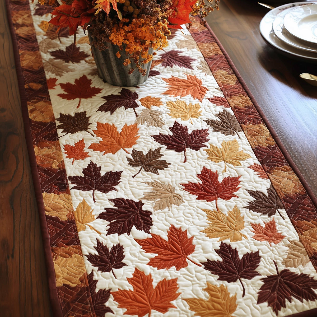 Falling Maple Leaves on Ivory Table Runner