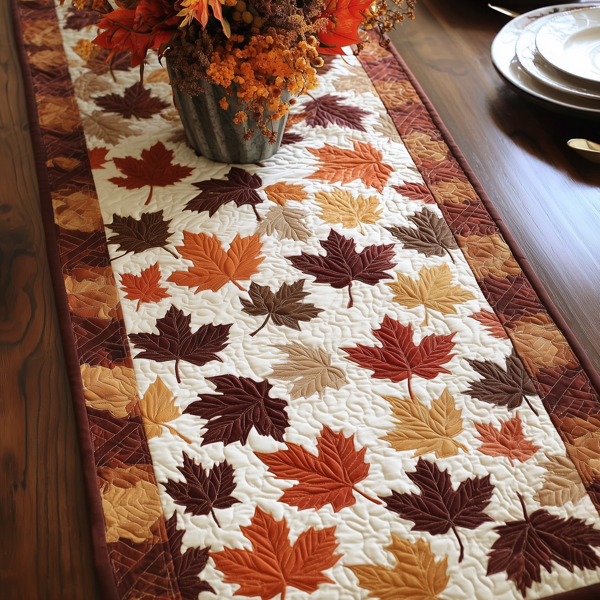 Falling Maple Leaves on Ivory Table Runner