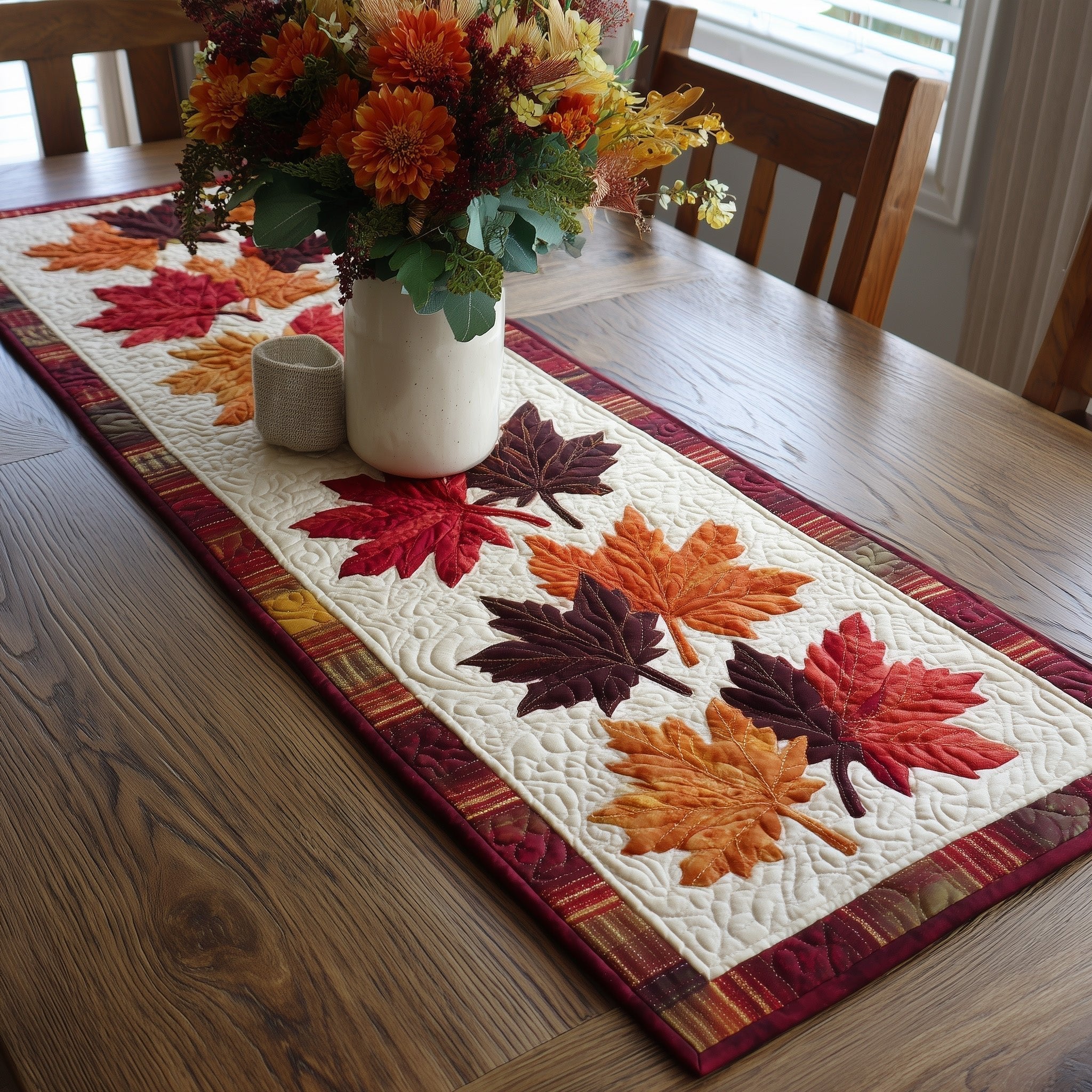 Scattered Maple Leaves on Cream Table Runner