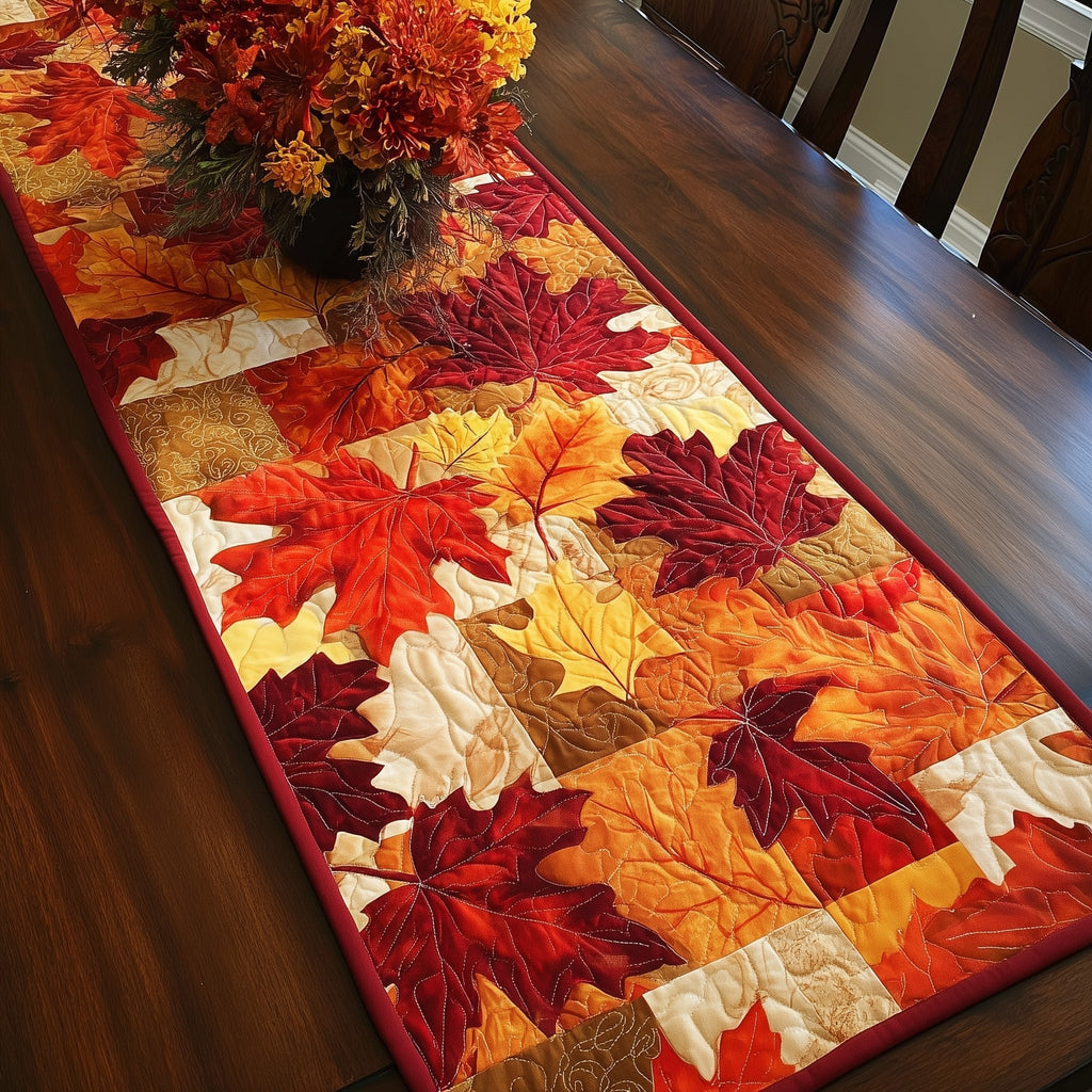 Bright Red and Gold Leaf Pile Table Runner