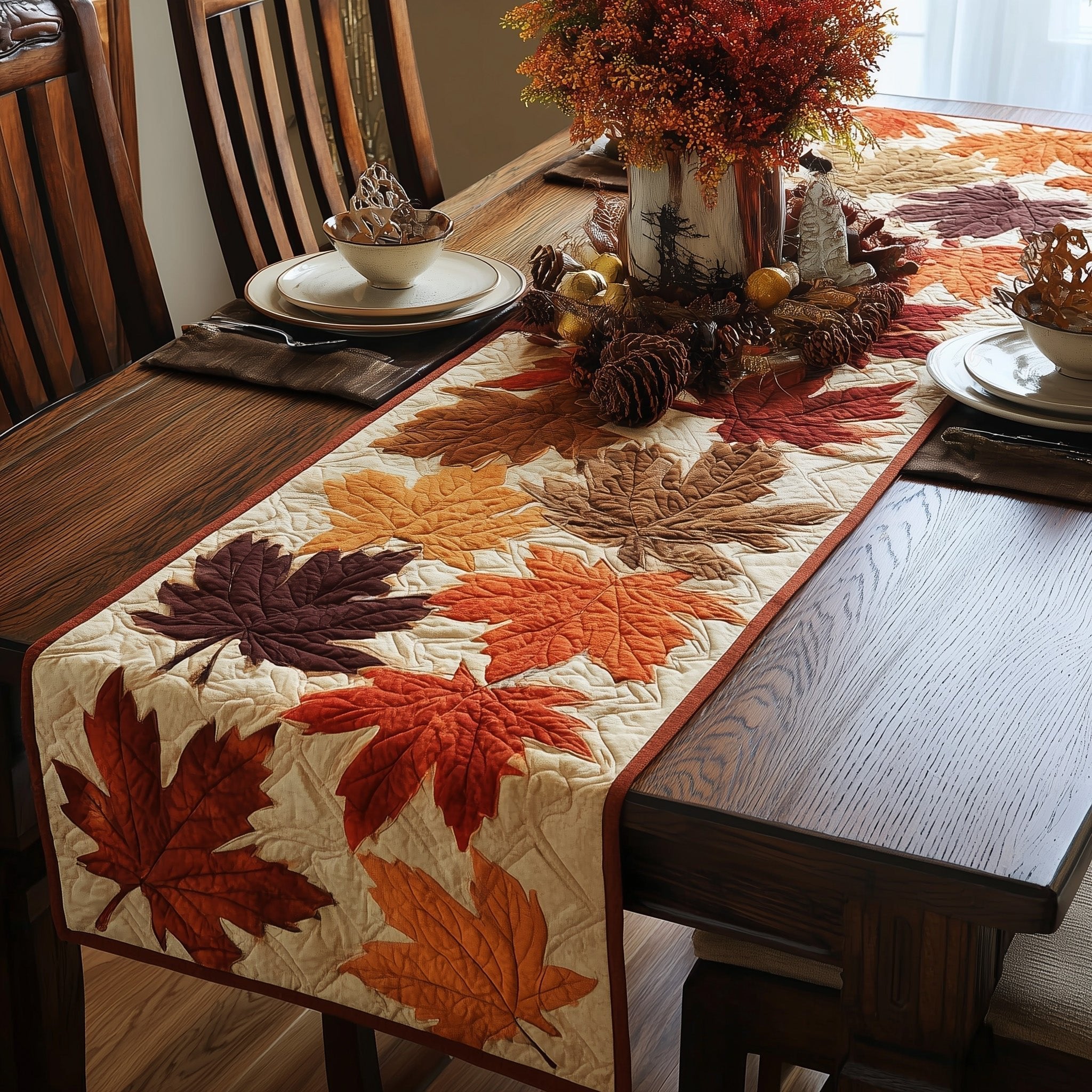 Warm Toned Leaves on Cream Table Runner