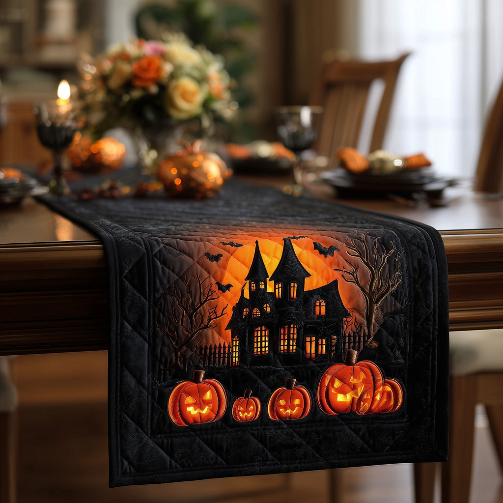 Black Haunted House on Orange Sky Table Runner