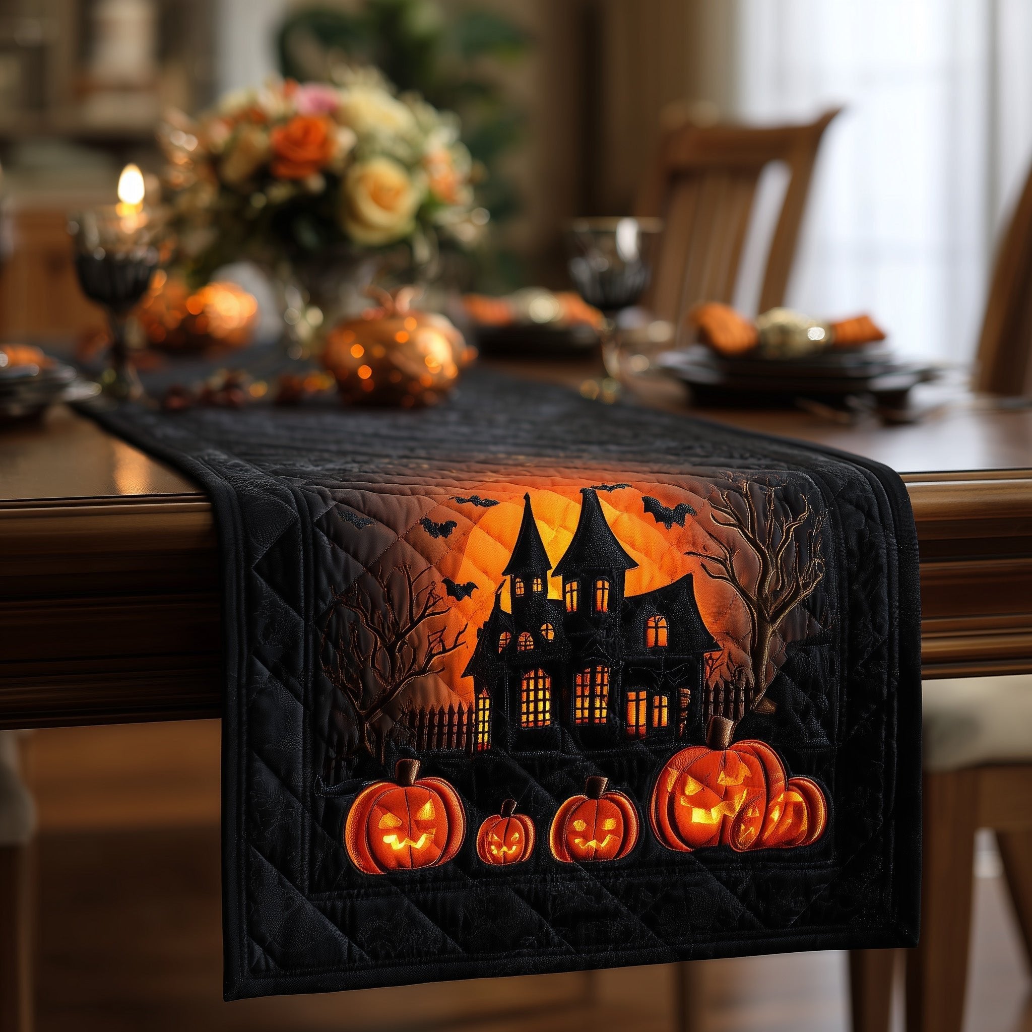 Black Haunted House on Orange Sky Table Runner