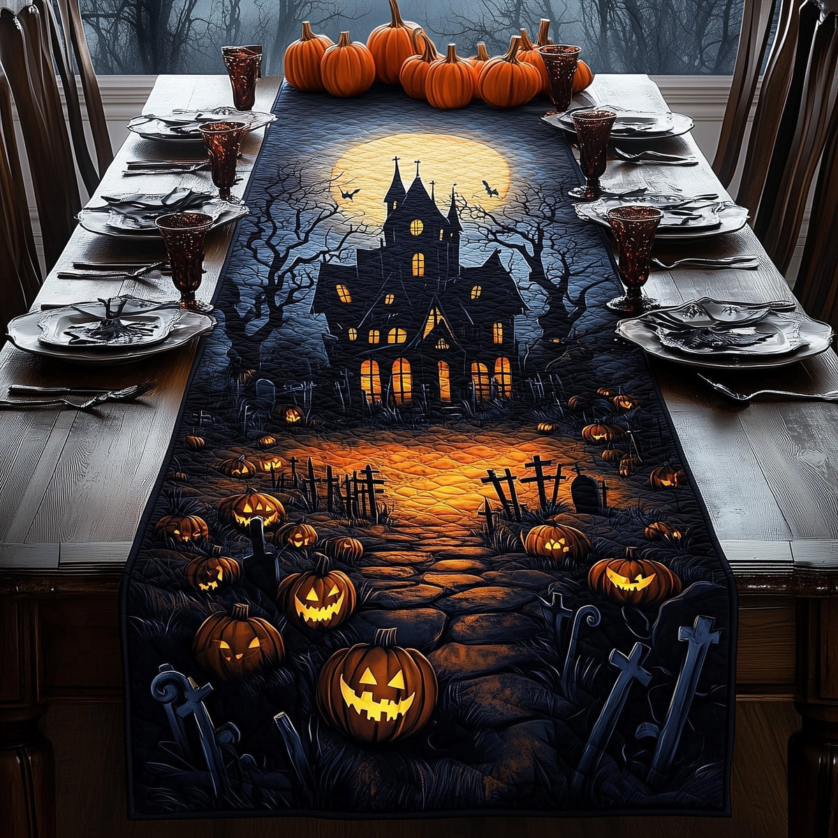 Haunted House Above the Graveyard Table Runner