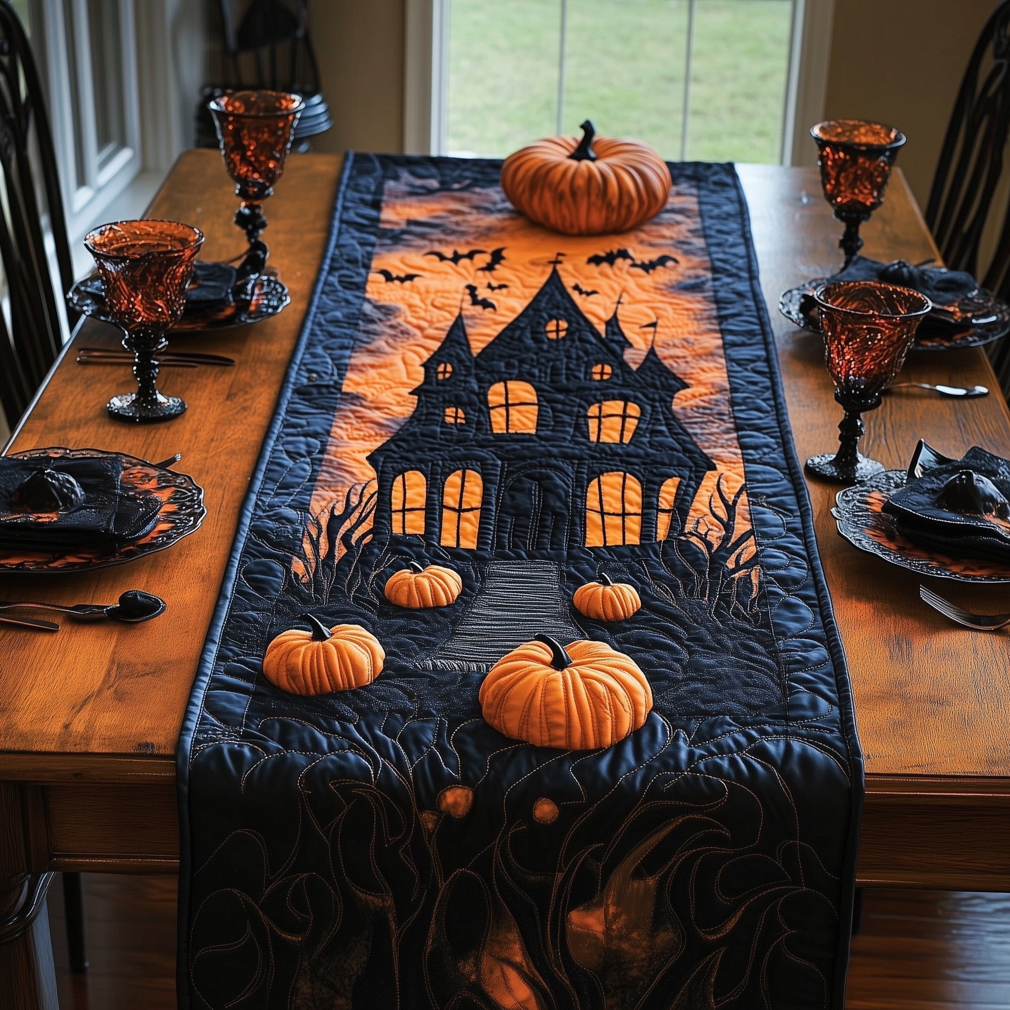 Haunted Mansion with Orange Pumpkins Table Runner