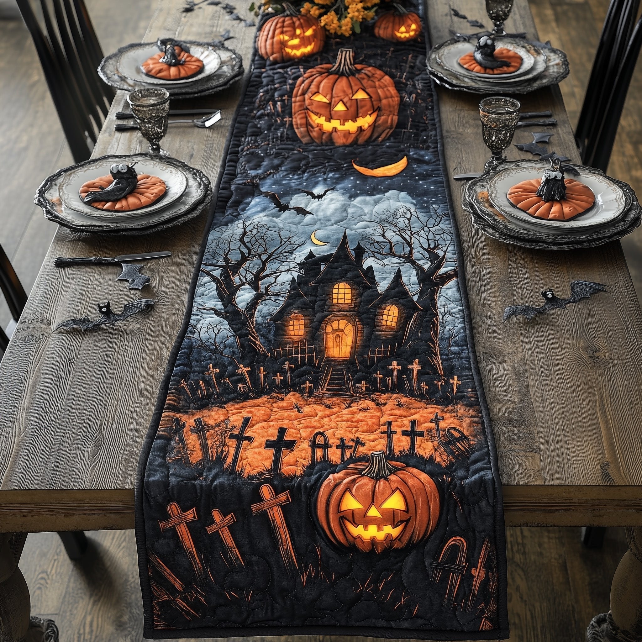 Haunted House Under a Crescent Moon Table Runner