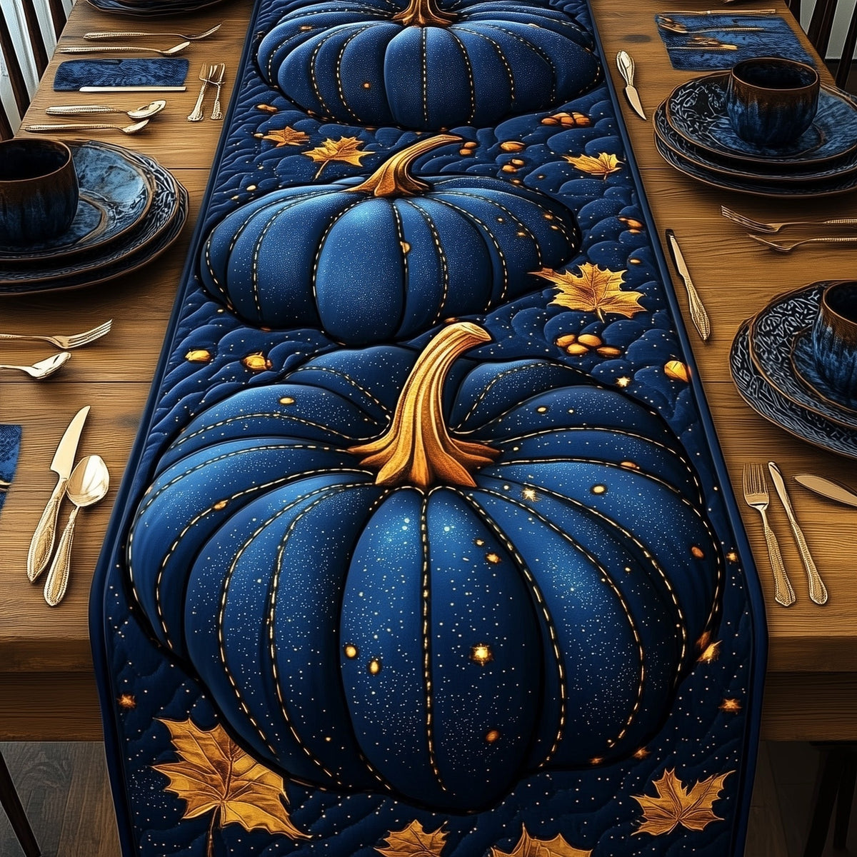 Large Navy Pumpkin with Leaves Table Runner