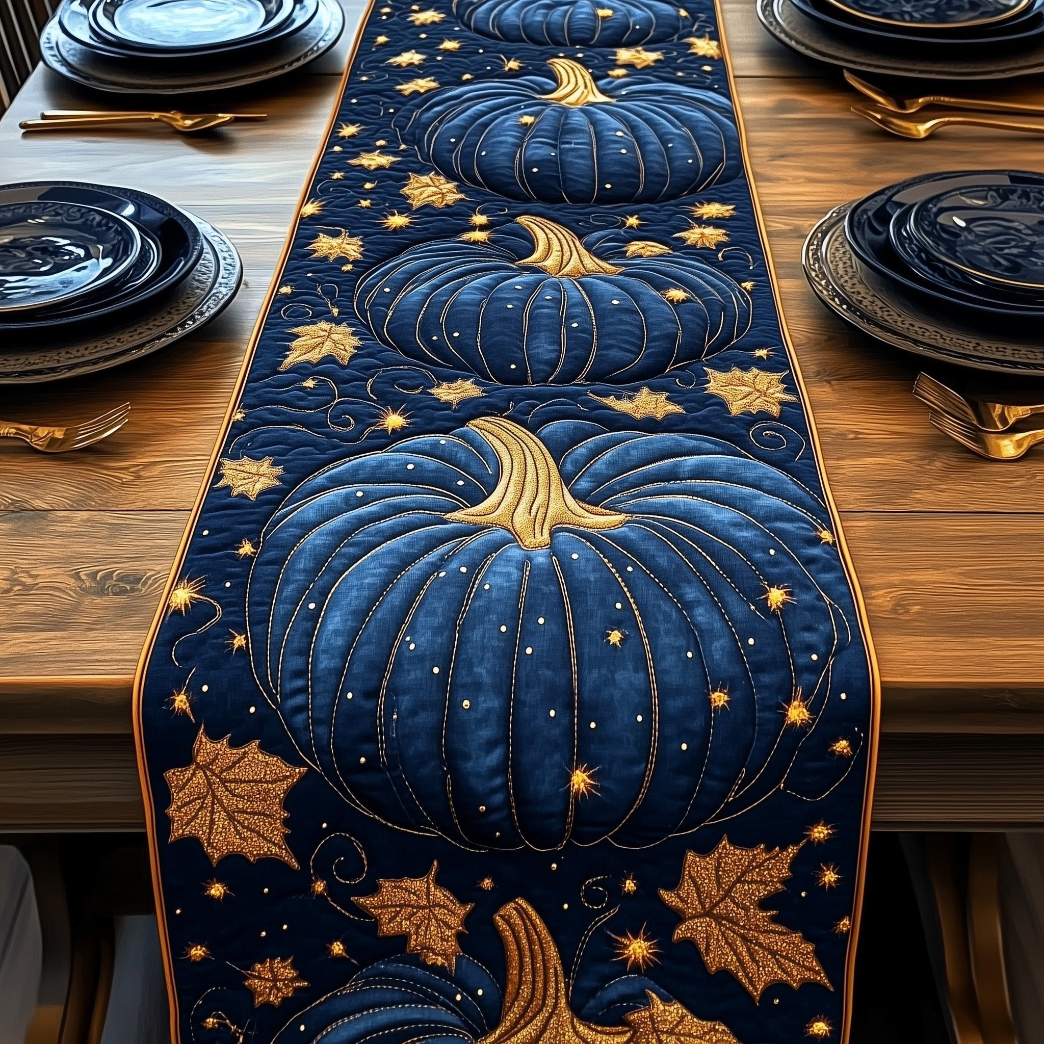 Navy Pumpkin with Stars and Leaves Table Runner