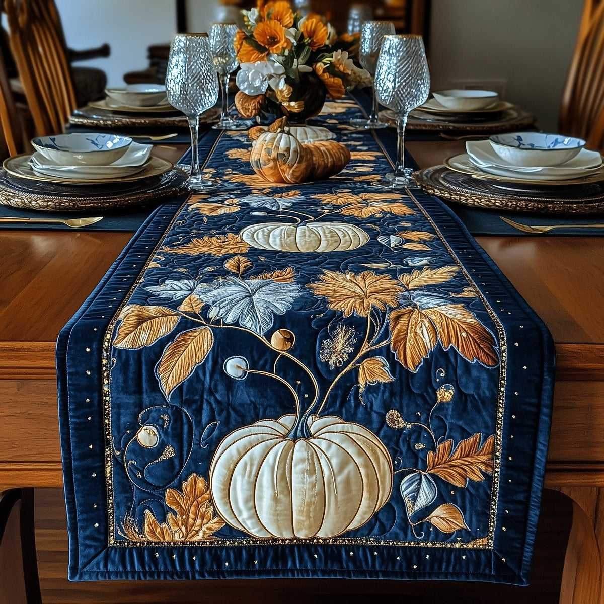 White Pumpkin on Blue with Vines Table Runner