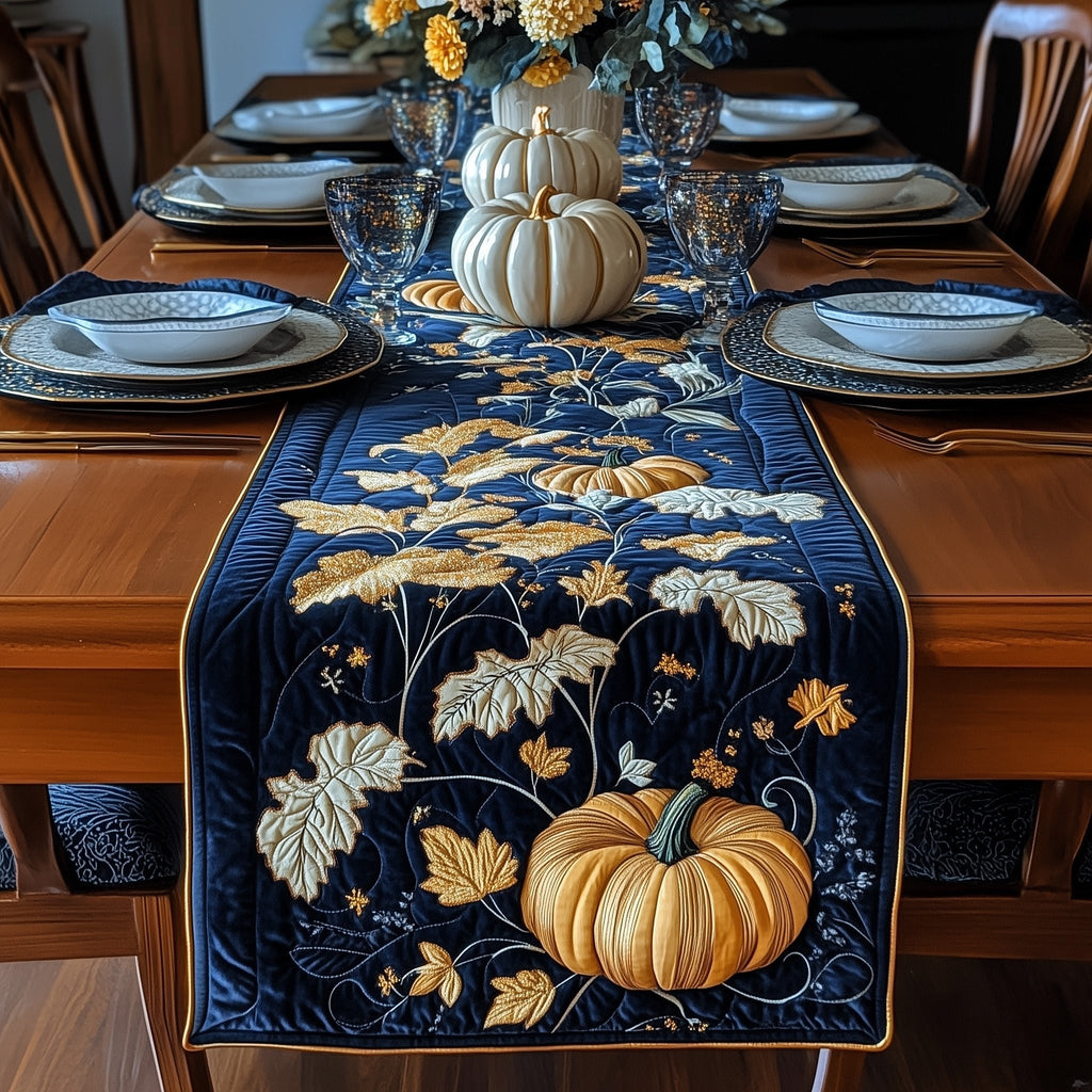 Golden Pumpkin on Navy with Leaves Table Runner