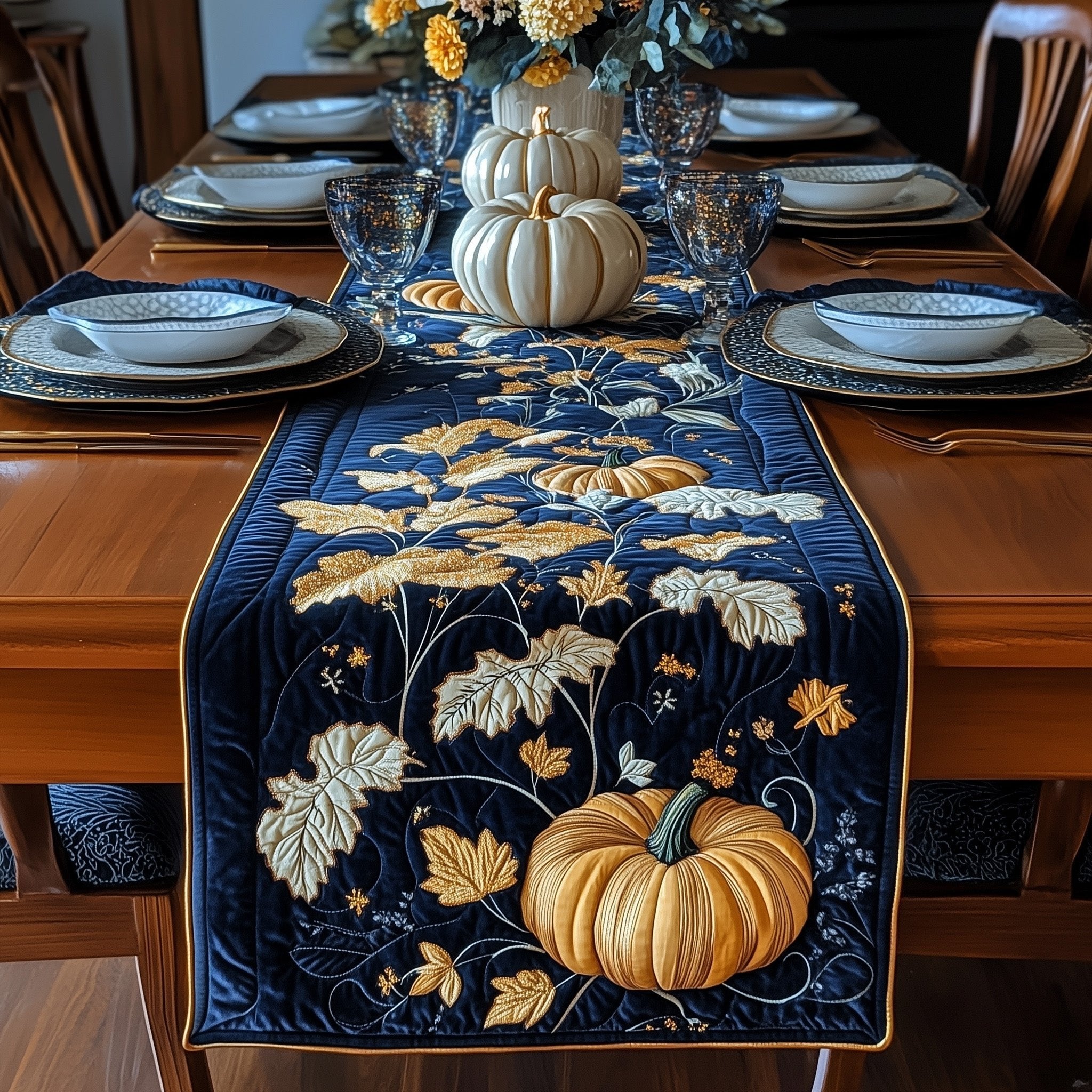 Golden Pumpkin on Navy with Leaves Table Runner