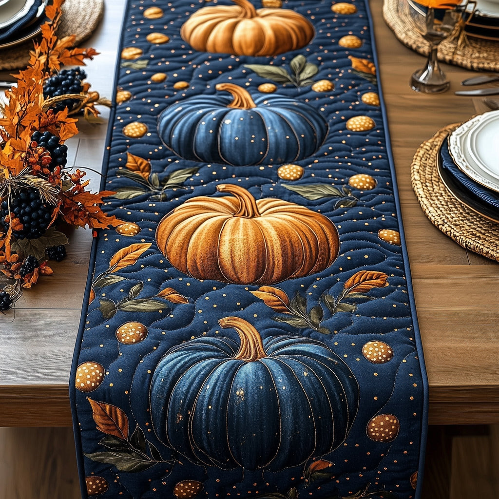 Blue and Orange Pumpkins with Vines Table Runner