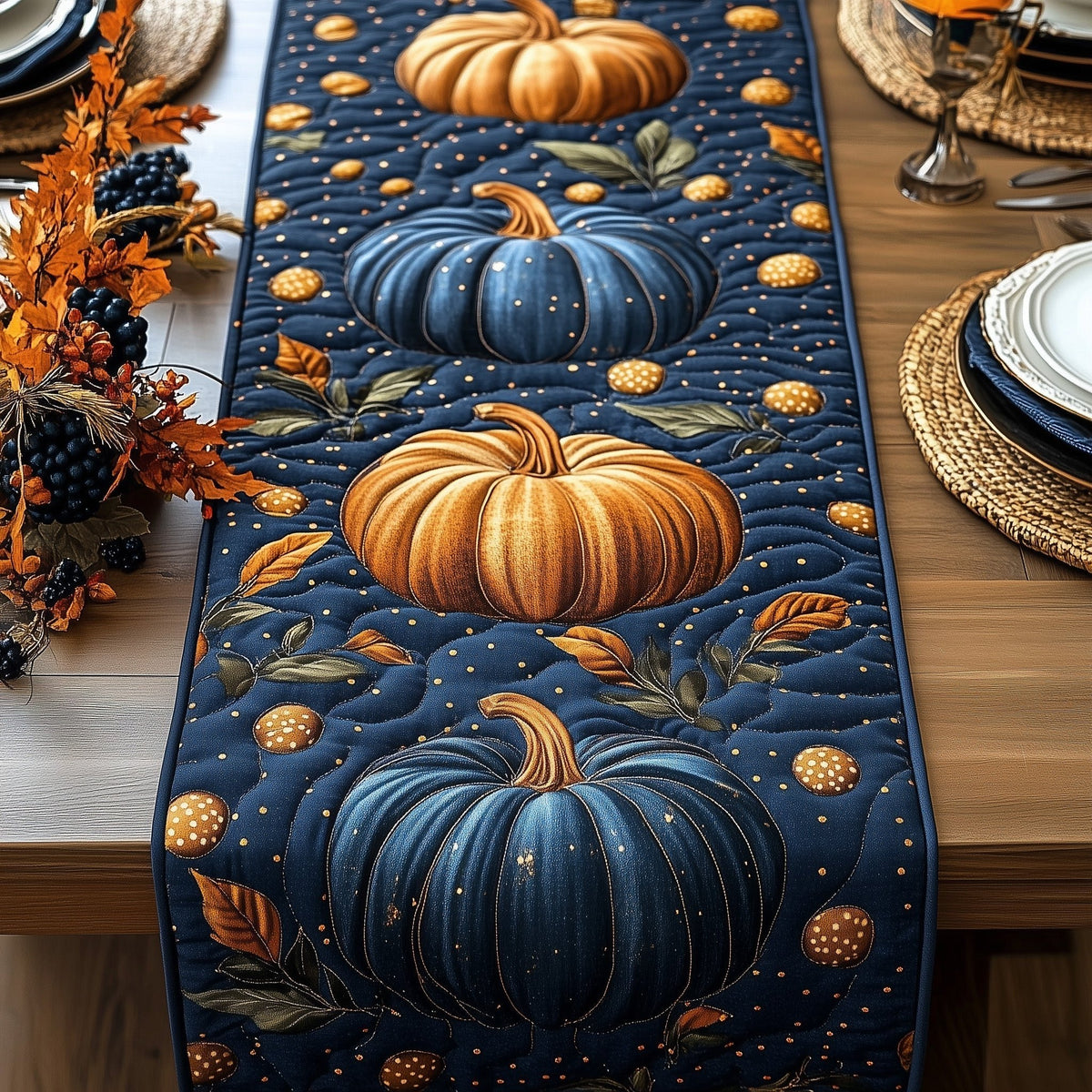 Blue and Orange Pumpkins with Vines Table Runner