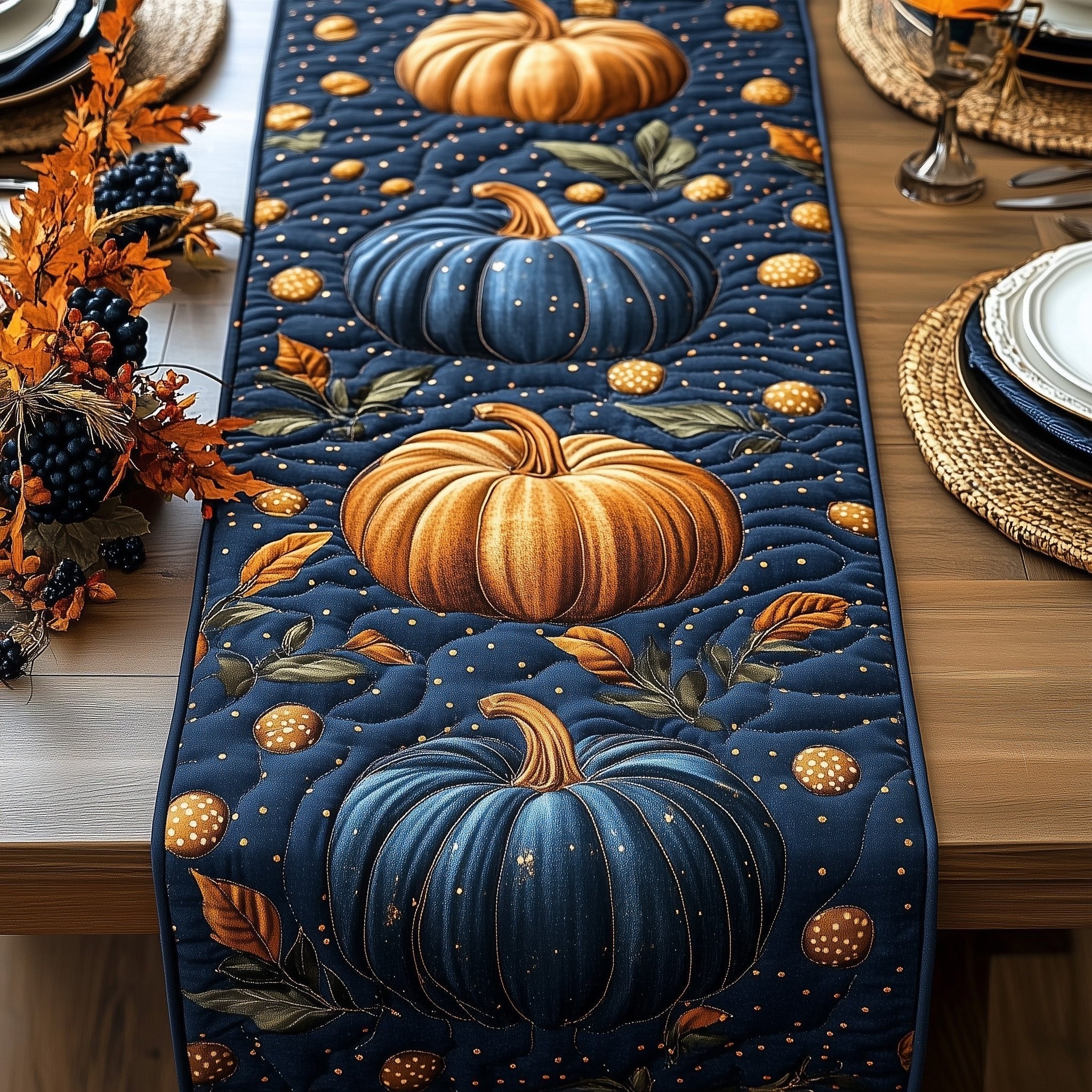 Blue and Orange Pumpkins with Vines Table Runner