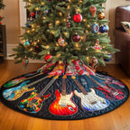 Orange and Red Guitars on Navy Christmas Tree Skirt