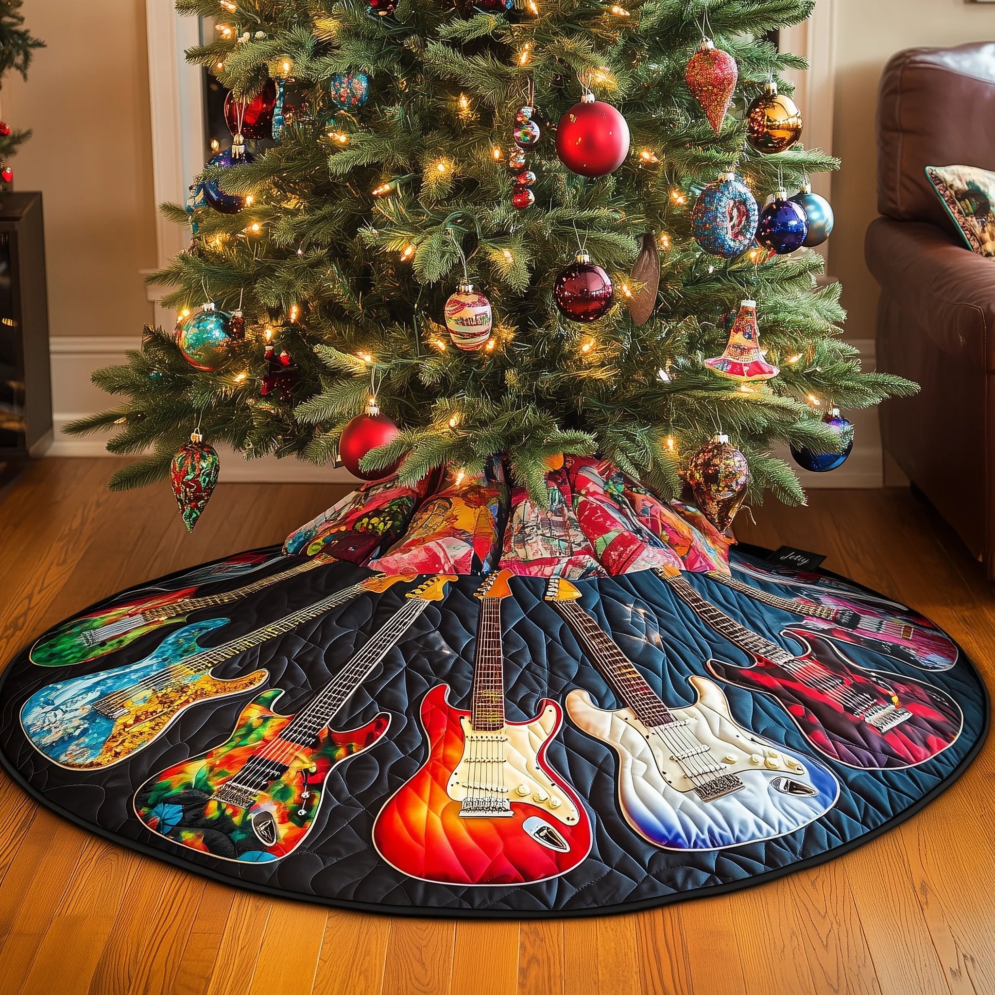 Orange and Red Guitars on Navy Christmas Tree Skirt