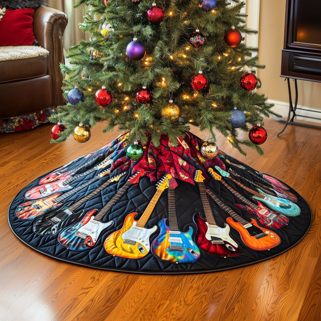 Guitars in Orange and Teal on Navy Christmas Tree Skirt