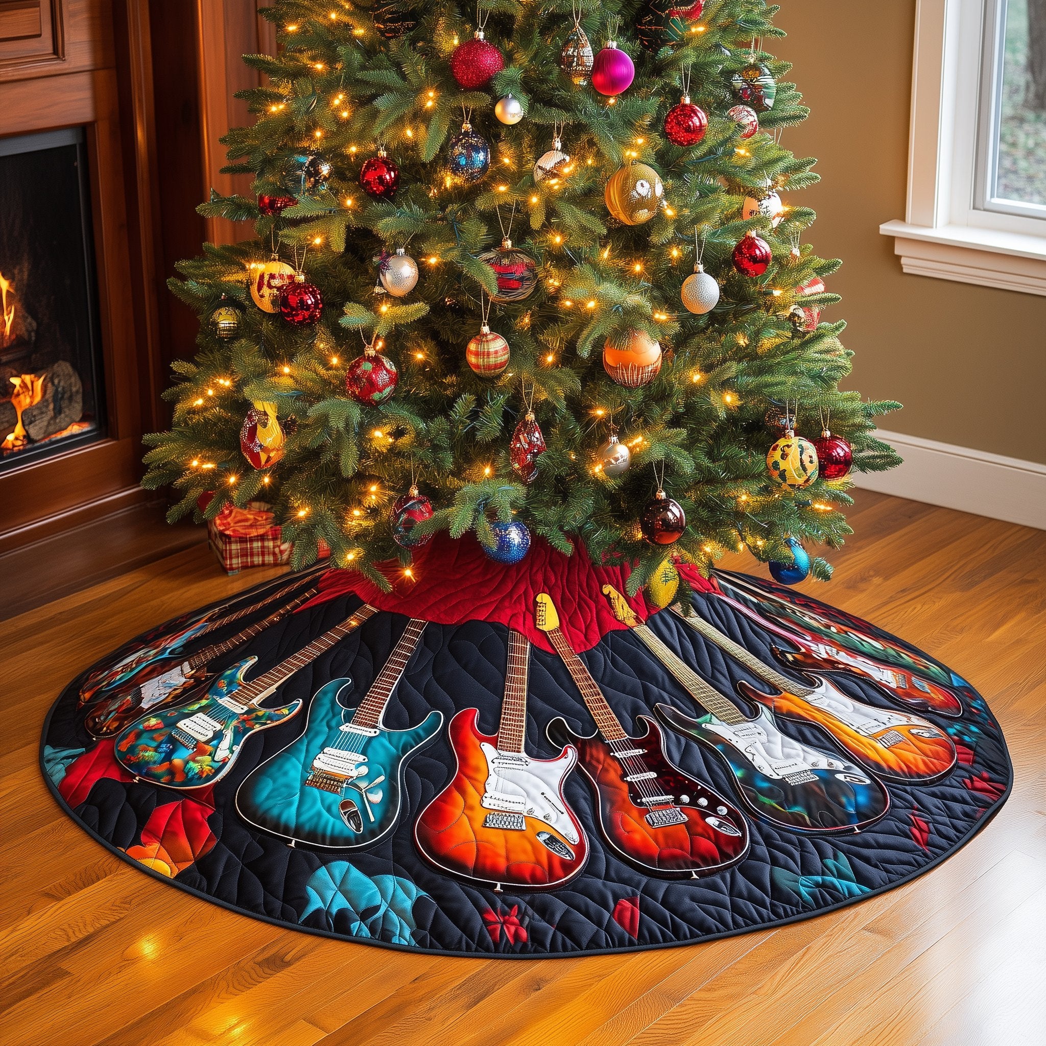 Electric Guitars on Navy Plaid Christmas Tree Skirt
