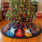 Red and Blue Guitars on Plaid Christmas Tree Skirt