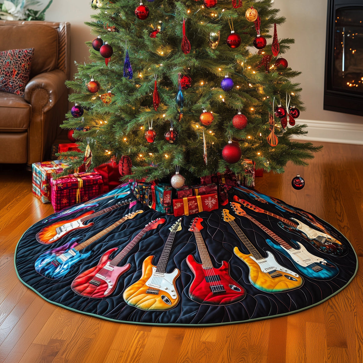 Guitars on Dark Blue Plaid Christmas Tree Skirt
