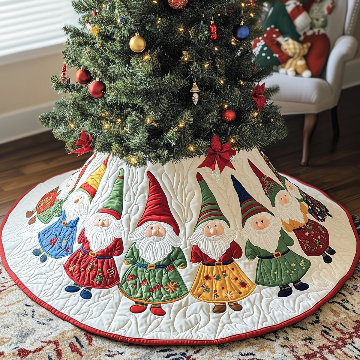 Gnomes in Red and Green Coats Christmas Tree Skirt