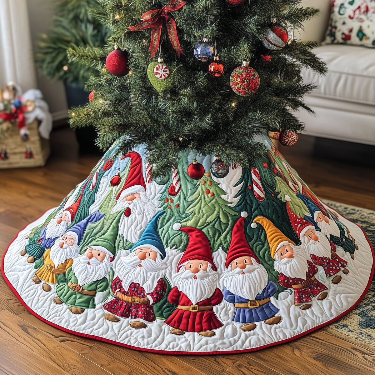Gnomes in Colorful Hats and Plaid Christmas Tree Skirt