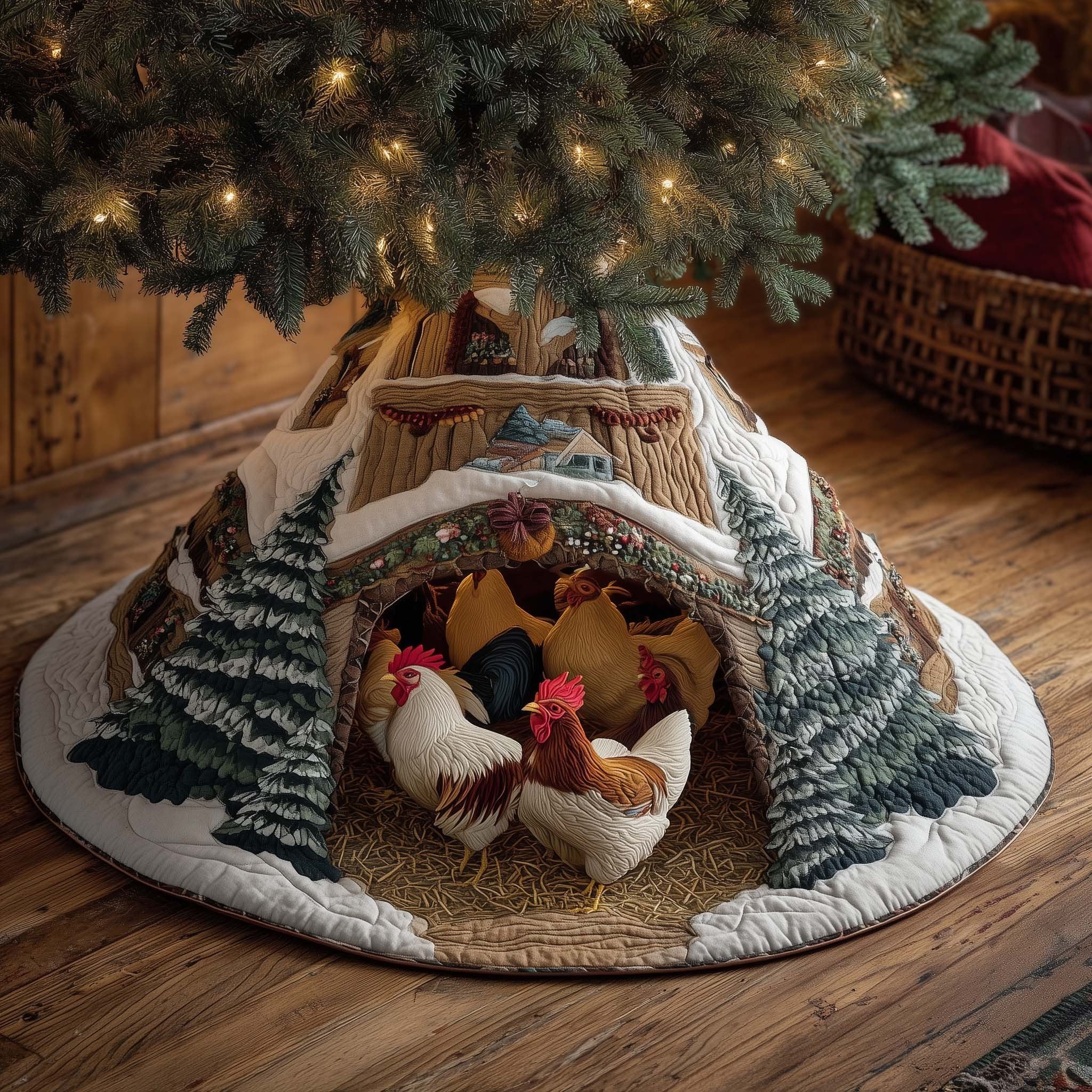 Chickens in the Snowy Cave Christmas Tree Skirt
