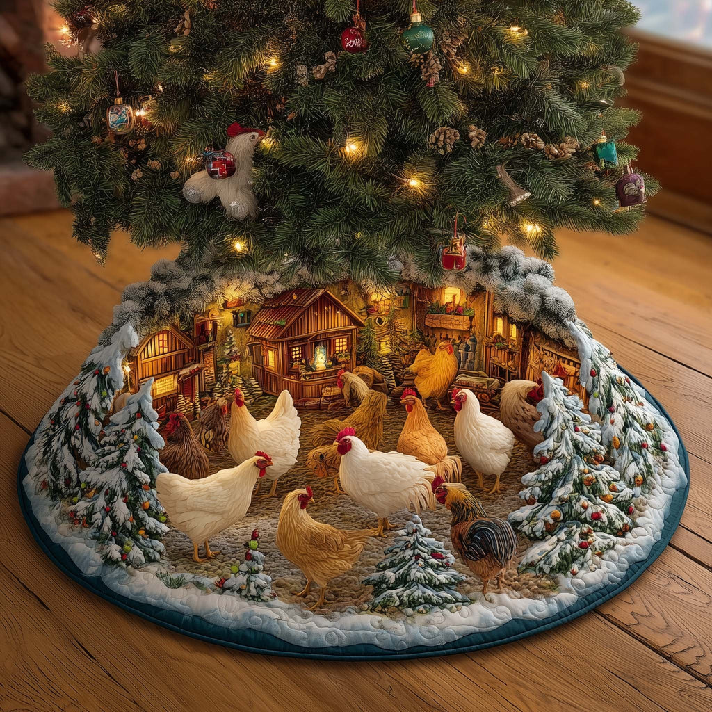 Chickens by the Lit Cabin Christmas Tree Skirt