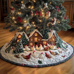 Chickens Outside a Snowy Cabin Christmas Tree Skirt