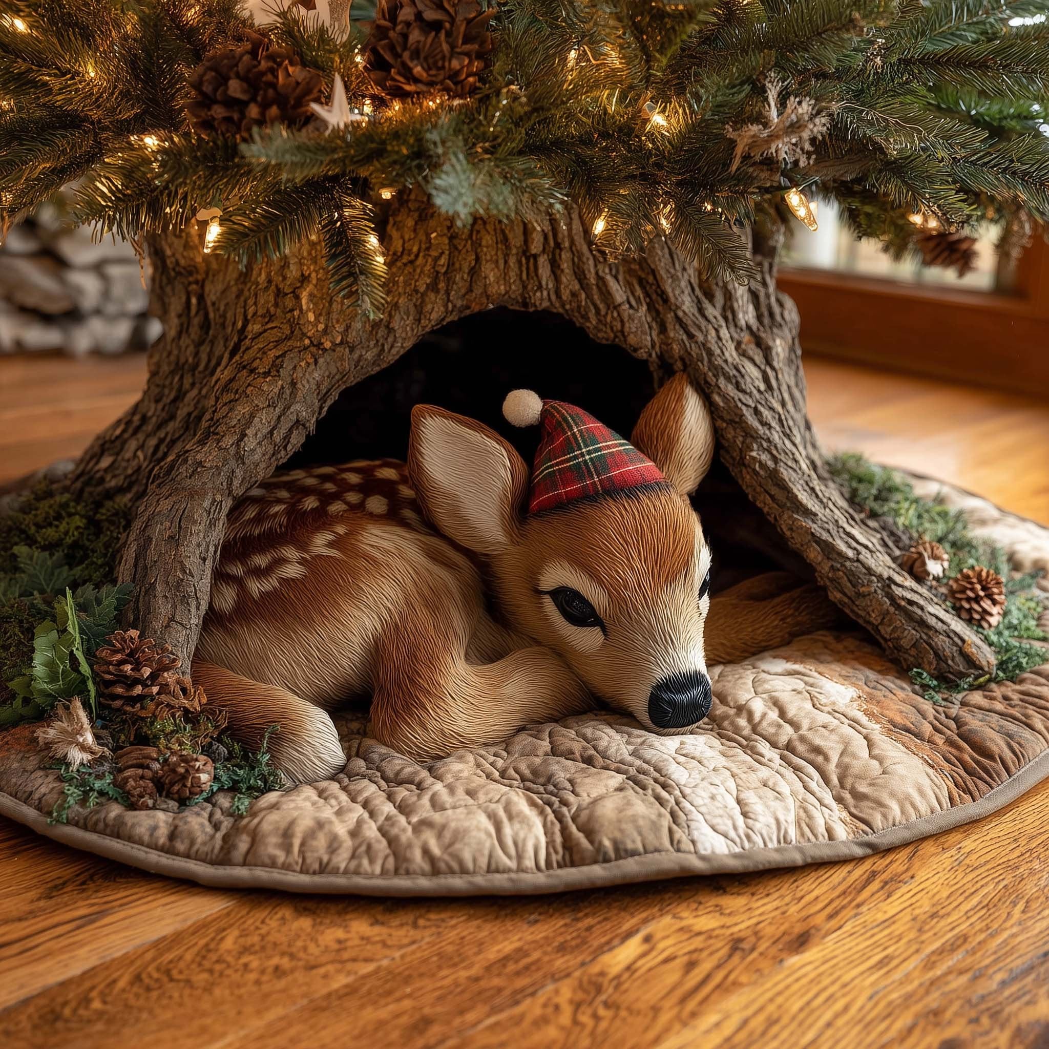 Fawn in a Plaid Scarf Christmas Tree Skirt