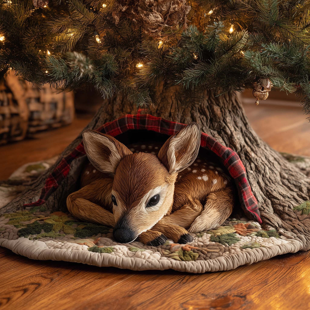 Fawn Asleep on the Red Plaid Blanket Christmas Tree Skirt