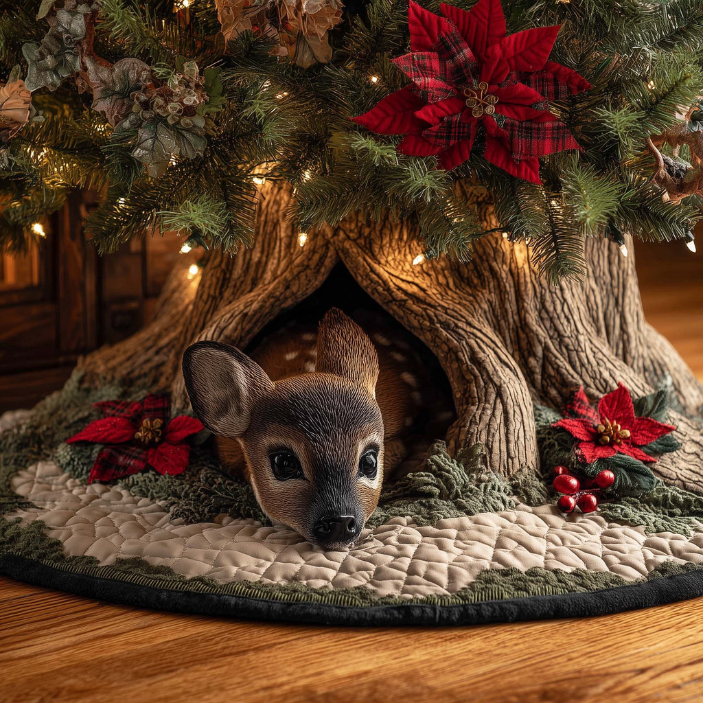 Fawn Resting with Red Poinsettias Christmas Tree Skirt