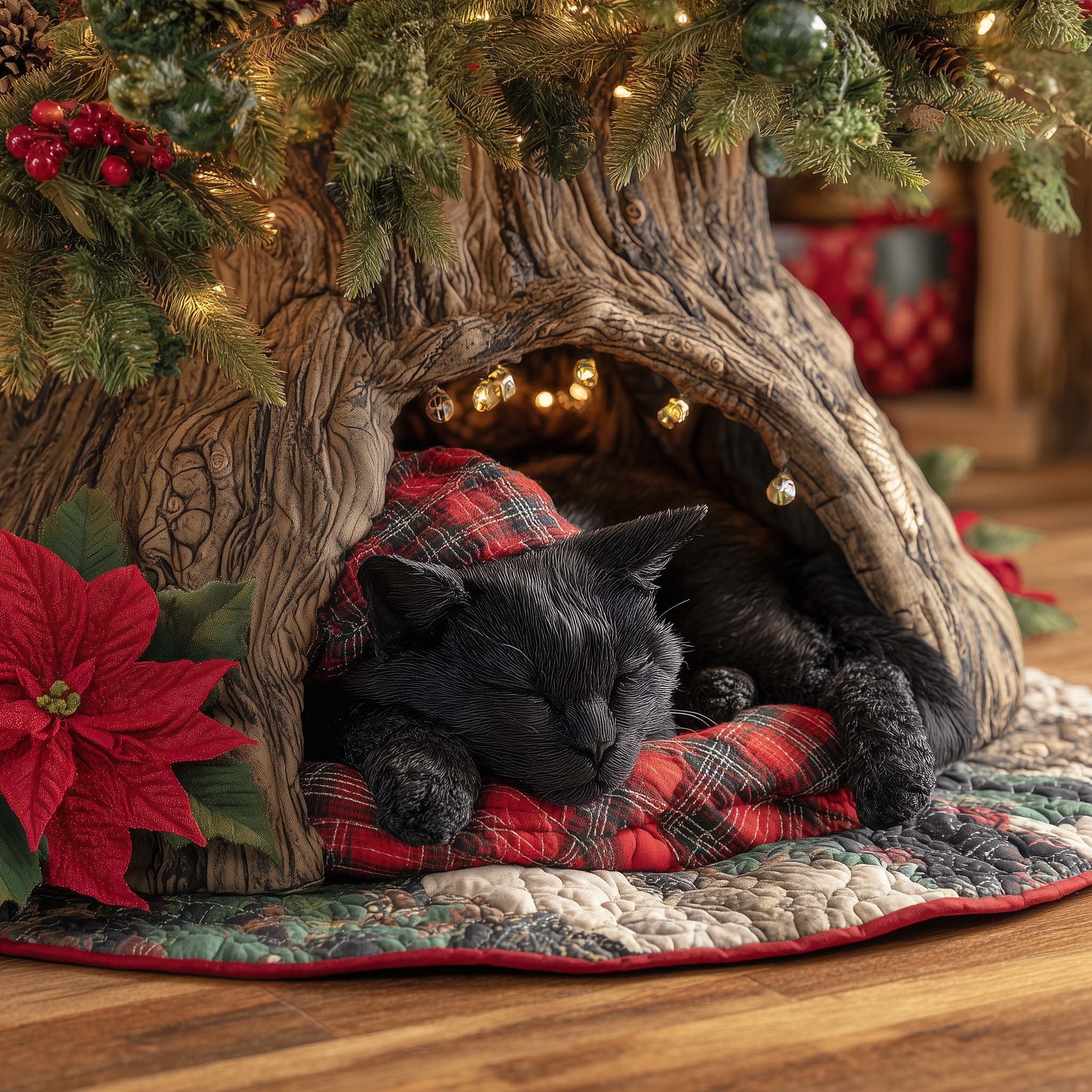 Black Cat Asleep on Plaid Christmas Tree Skirt