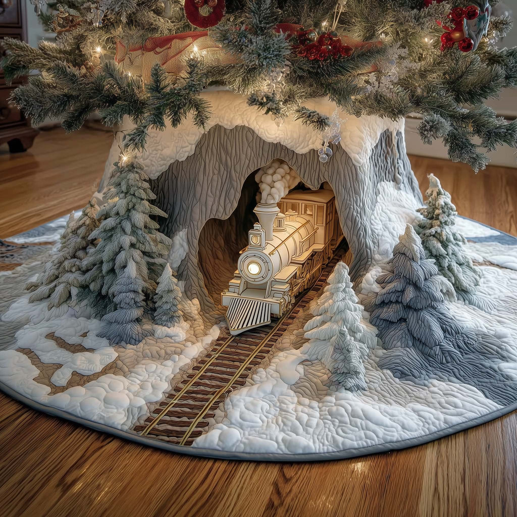 Winter Wonderland Train Through the Snowy Mountain Tunnel Christmas Tree Skirt