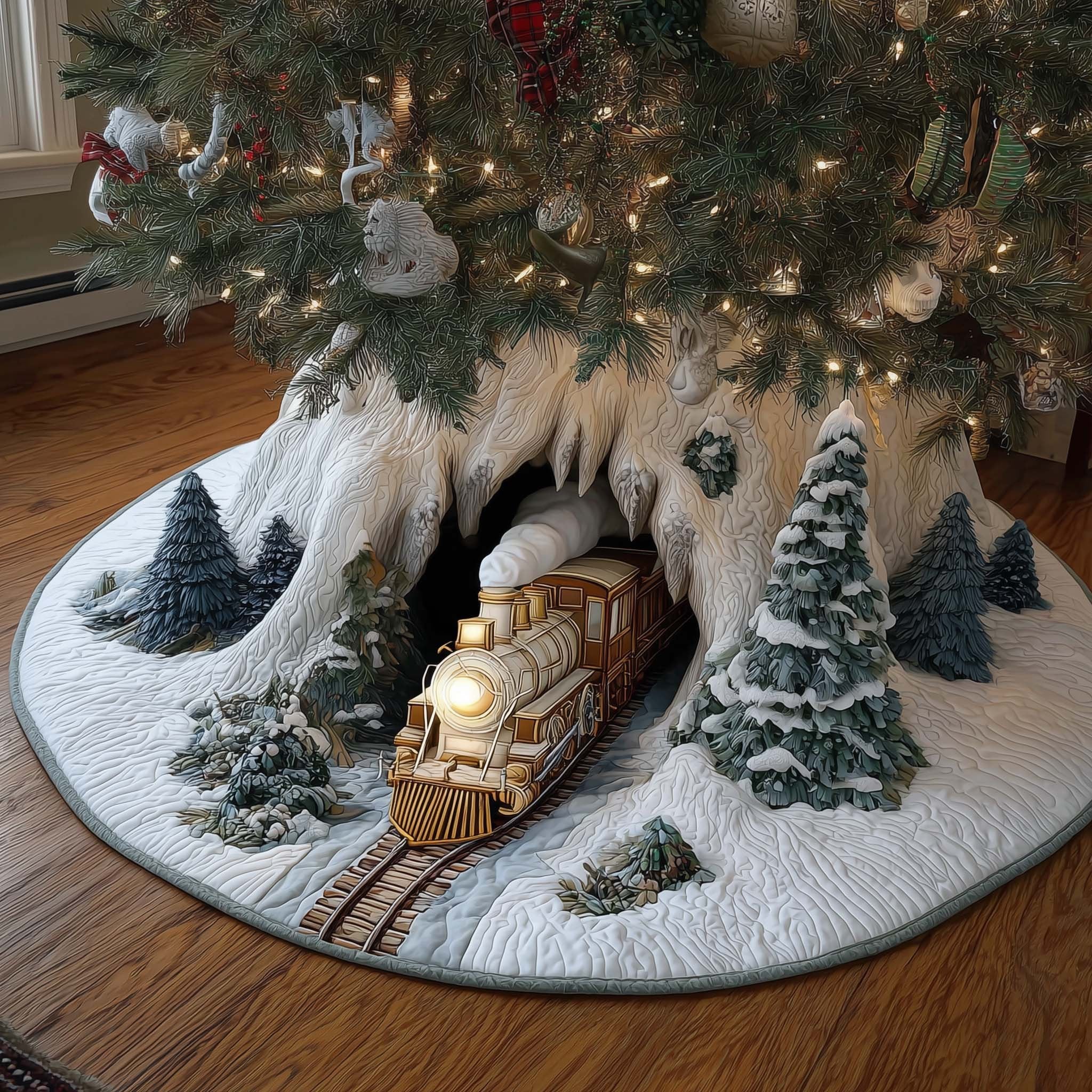 Train Leaving the Snowy Tunnel Christmas Tree Skirt