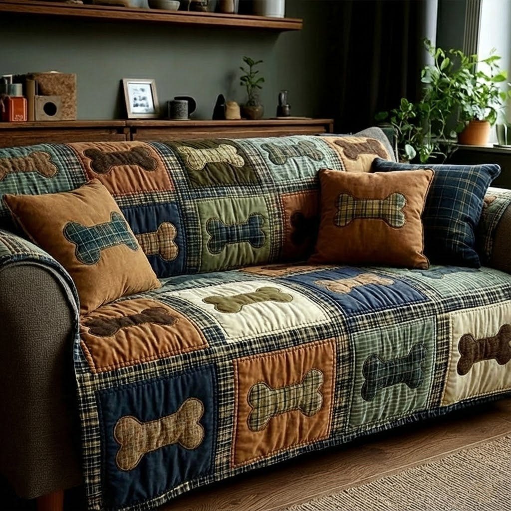 Bones and Paws on Navy Lodge Plaid Sofa Cover
