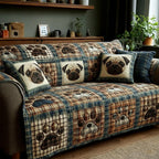Pug Faces Among Paw Print Plaid Sofa Cover