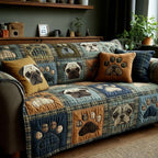Pug Portraits on Blue and Amber Blocks Sofa Cover
