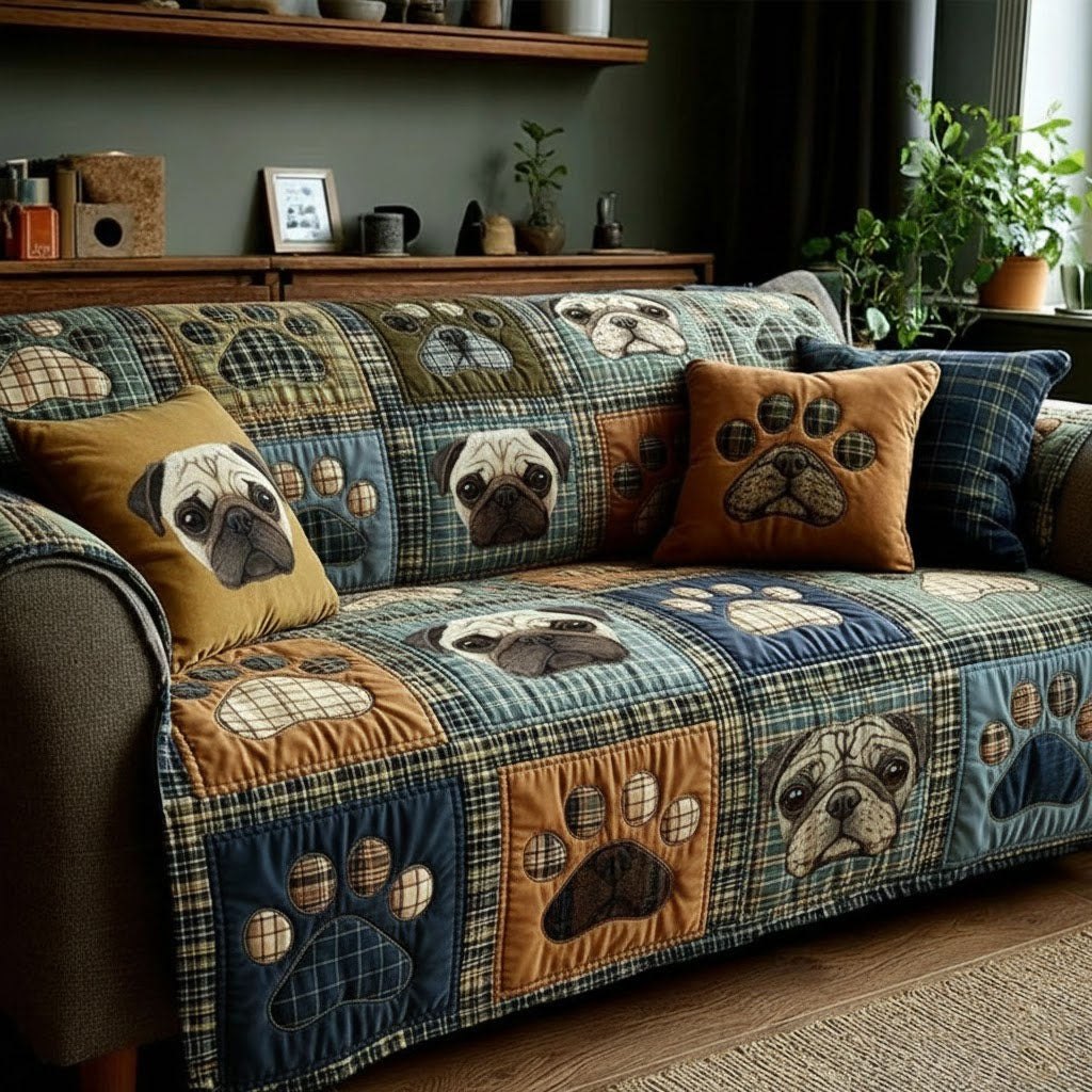 Pug Portraits on Blue and Amber Blocks Sofa Cover